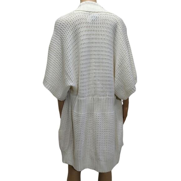 1990s Knit Wool Cardigan Cream Long Boho Open Front Short Sleeve Sweater Size L - Picture 9 of 10